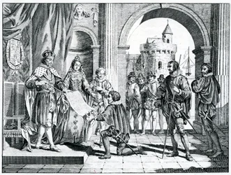 Christoffel Columbus presenteert een verslag van zijn ontdekking van Amerika aan de koning en koningin van Spanje